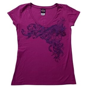 Harley Davidson sz L Pink Metallic Blue V Neck Biker Top